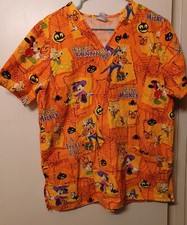 Disney Scrub Top Medium Halloween Mickey Minnie Pluto Orange