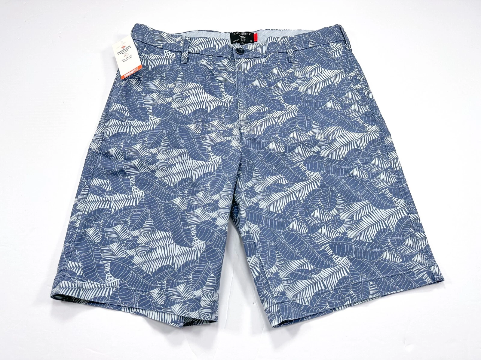 Dockers Supreme Flex Ultimate Short 34 Confort Ceinture Bleu Feuilles Florales NEUF