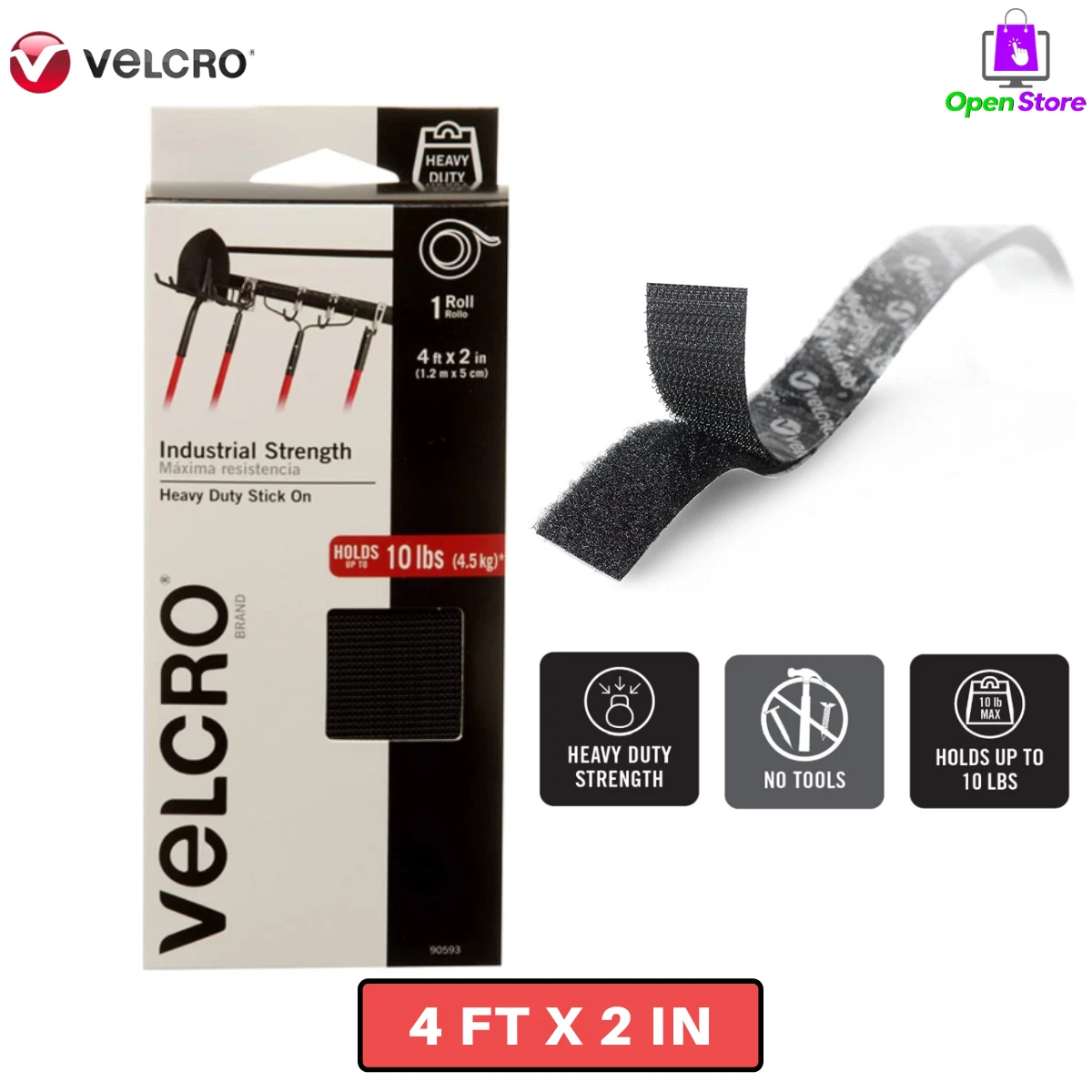 Velcro Industrial Adhesive Tape, 10' x 2'', Black, Holds 10 lbs (4.5Kg)