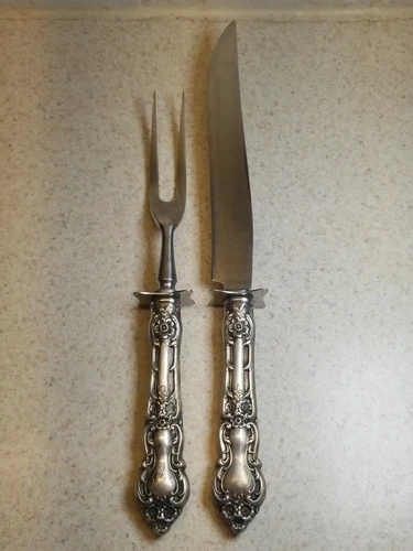 Wallace Sterling Flatware Meadow Rose 1907 2 Pc Carving Set 10 1/4" & 8 3/4"