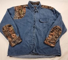 Trebark By Lynch Men Shirt XL Button Down Blue Denim Camo Elbow Shoulder Patch