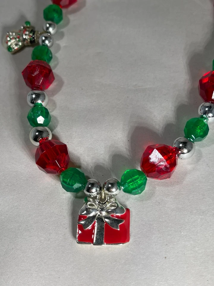 Christmas Dog Necklace Handmade Red & Green Beads with Holiday Charms Gift - Image 2 of 4