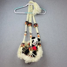 Vintage Macrame Plant Hanger With Plush Panda Bear 70's MCM Beaded Superior Toy