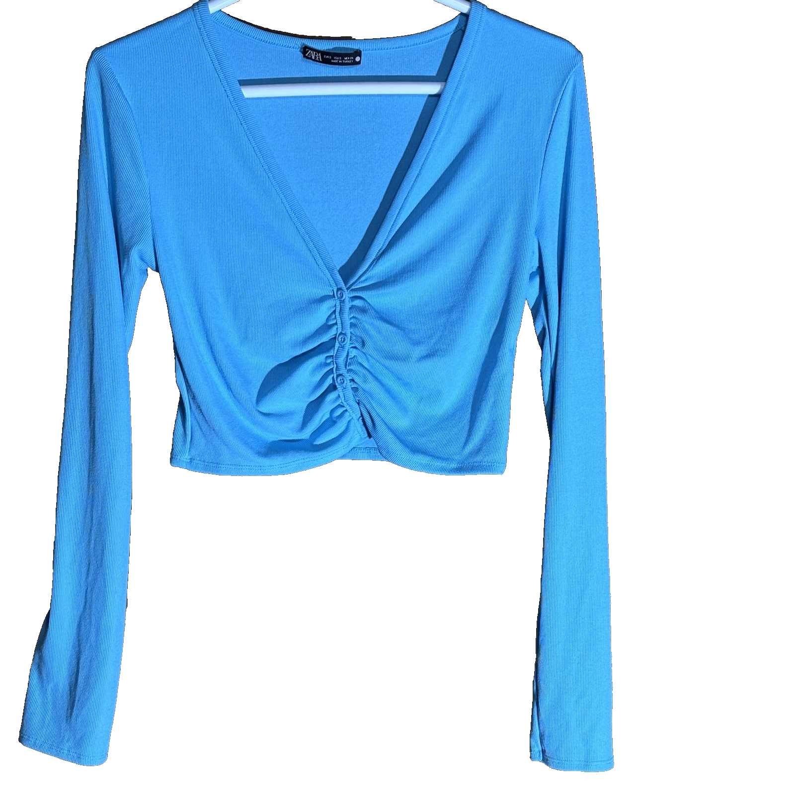 Zara Women Small Crop Top Blue Ribbed Knit Ruched Button Cardigan Shirt
