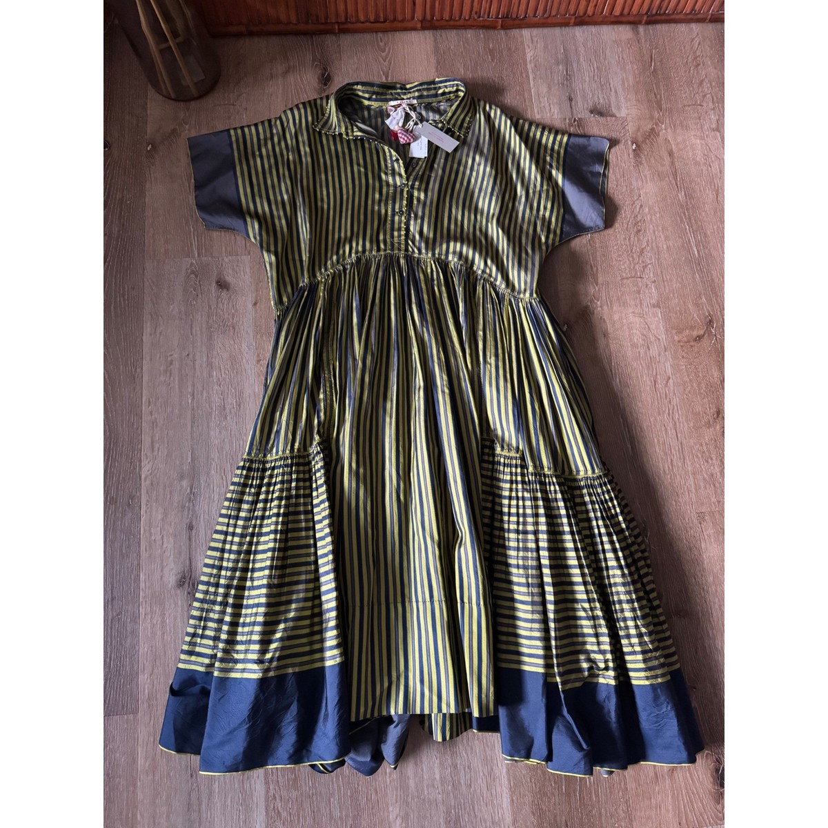 Pero NWT Silk Handmade Striped Midi Dress Green Navy Blue Size 40 Pero NWT Silk Handmade Striped Midi Dress Green Navy Blue Size 40