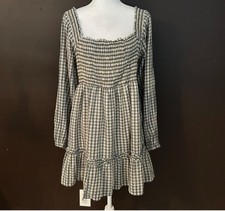 NWT American Eagle Dress Sz S Navy Plaid Babydoll Peasant Dress Long Sleeves