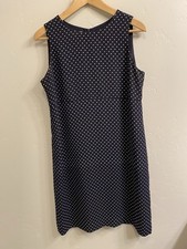 Talbots Size Petite 8 P8 Navy Blue & White Sleeveless Polka Dot Sheath Dress