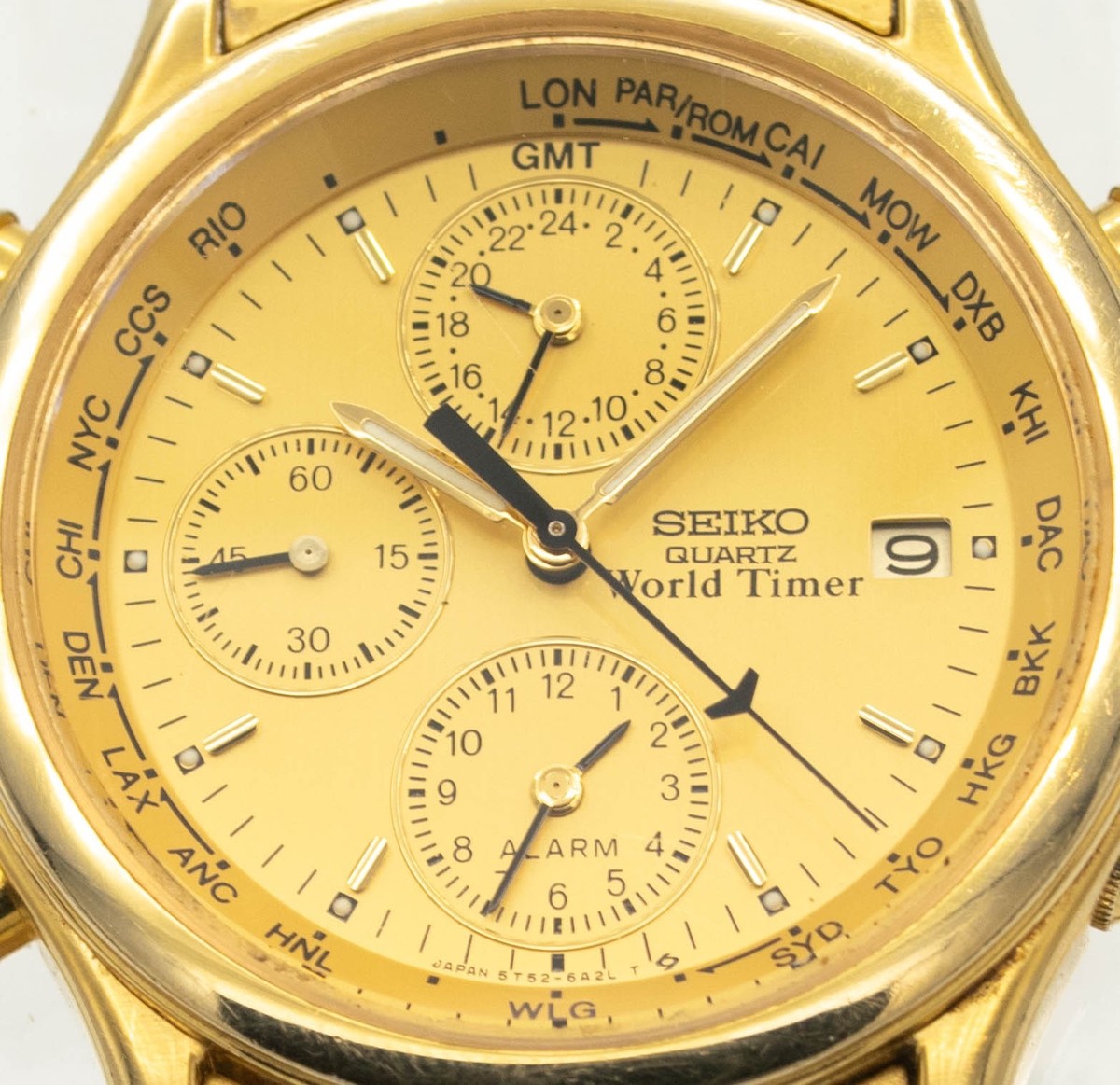Vintage Seiko 5T52-6A29 World Timer GMT Alarm Gold Tone 37.5mm