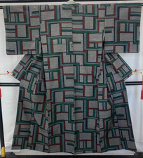 Japanese Vintage Kimono Silk Gray Tumugi Traditional Authentic Length 57 in