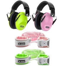Dr.meter Green + Pink Kids Earmuff and Green + Pink Toddler Leash