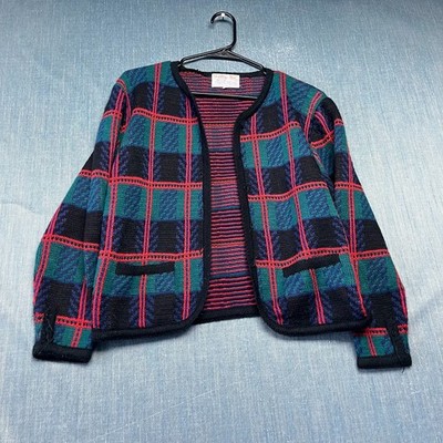 Tally-Ho Women's Cardigan Size S Multicolor Plaid Knit Button Up Vintage Sweater