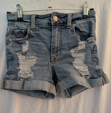 AERO High Rise Midi Distressed Cut Off Denim Shorts Blue Size 00