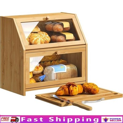 Bamboo Bread Box W/ Cutting Board & Knife Double Walled Design Kitchen Storage