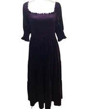 R Vivimos Velvet Milkmaid Smocked Midi Dress Tiered Medium Boho Fairy Whimsy New