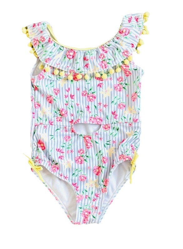 Nicole Miller Girls One Piece Bathing Suit size M Blue White Striped Pink Flower