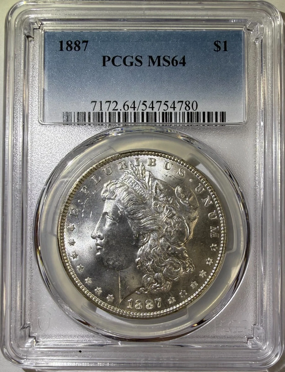 PCGS Certified MS 64 Graded 1887 Year Morgan US Dollars (1878-1921