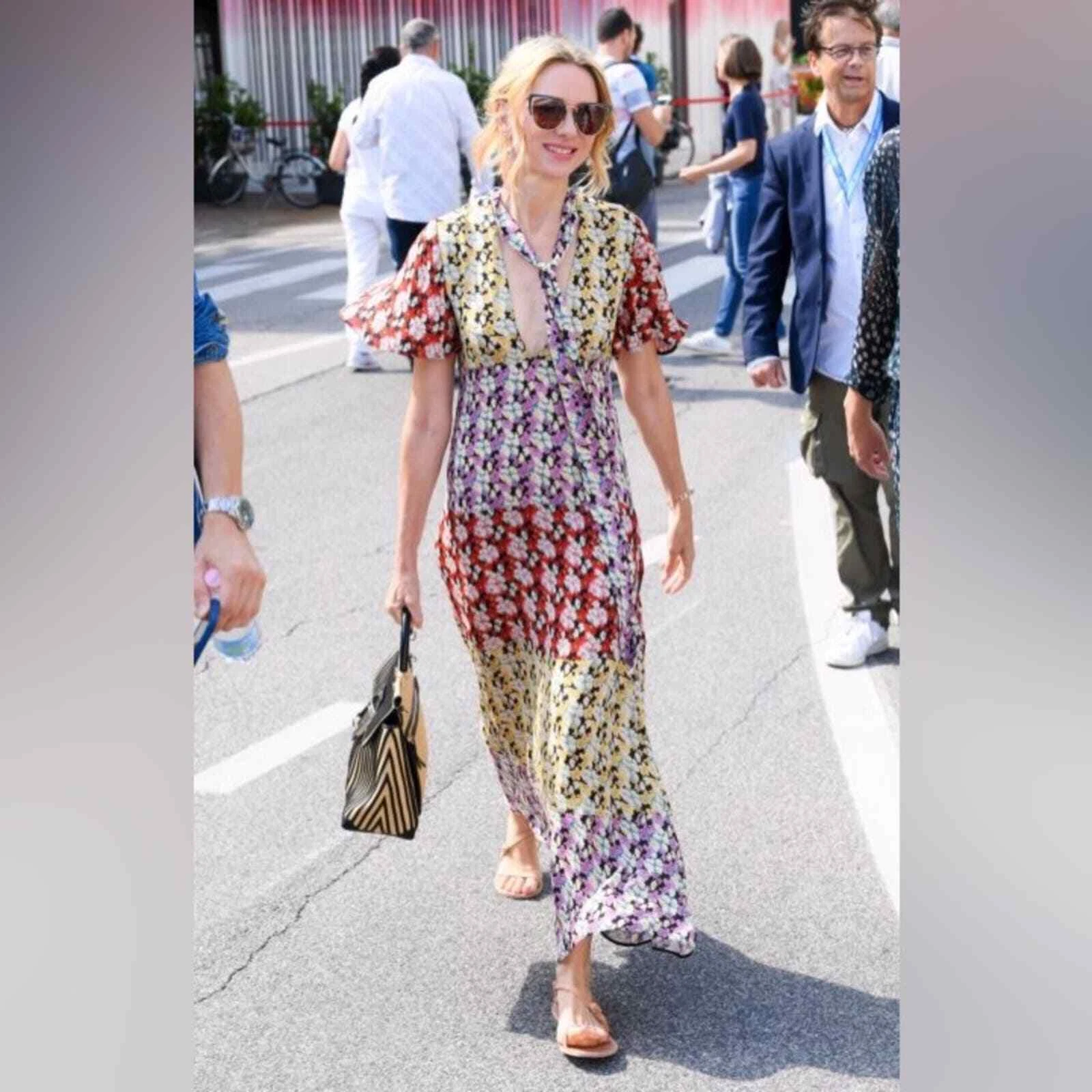 Abito Midi Valentino Multicolore Giallo Rosso Rosa Floreale Seta IT 46