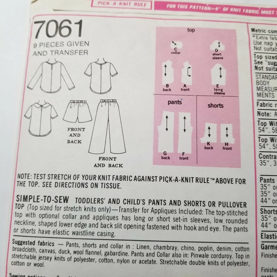 Simplicity 7061 Pants Shorts Pullover Top Sewing Pattern Boys Girls 5T 6 VTG UC - Image 3 of 4