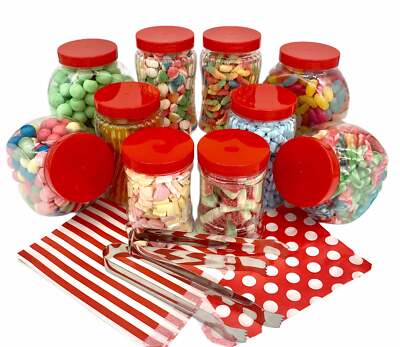  10 rote Mini Kunststoff Süßigkeiten Gläser 2 Zangen 50 Beutel für Hochzeit Buffet Süßigkeiten Party