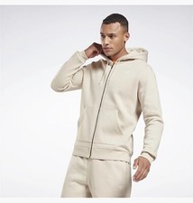 Mens Reebok Logo Zip Up Fleece Hoodie Jacket Size Medium Large Beige Tan GR9191