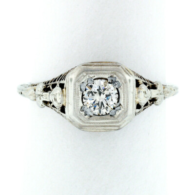 Antique Art Deco 18k White Gold European Diamond Floral Filigree