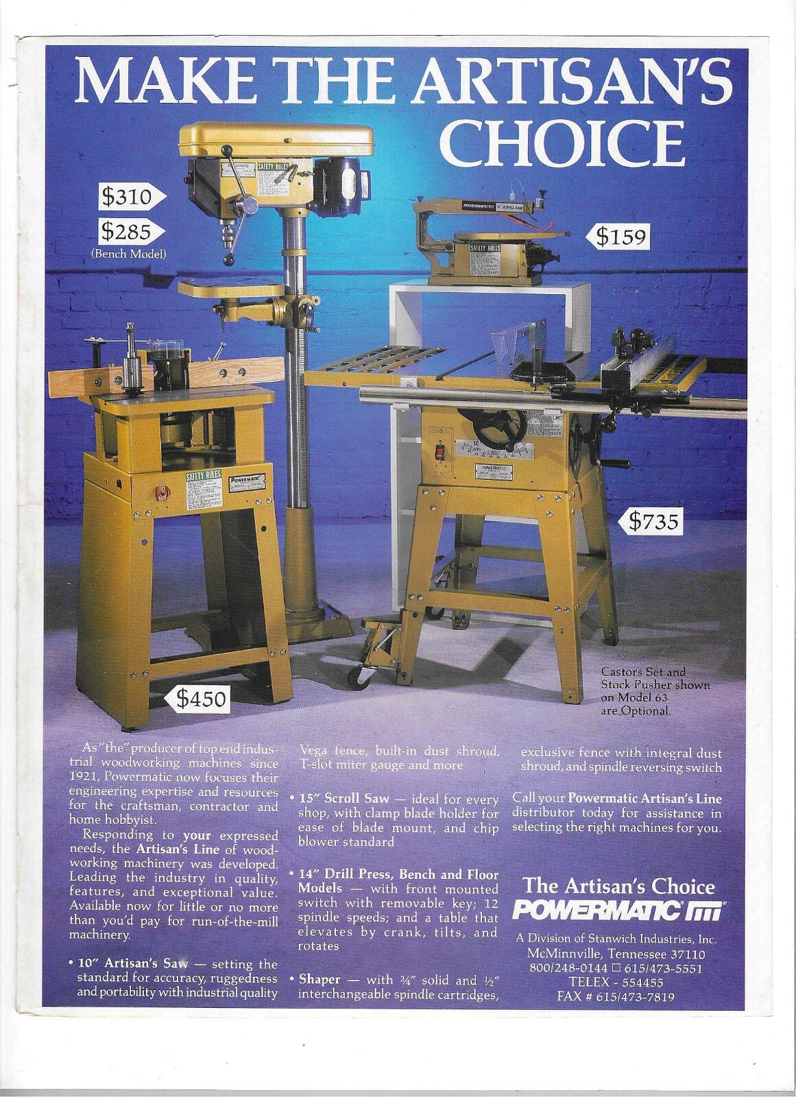 1989 Artisan's Choice Powermatic Woodworking Machines & Freu