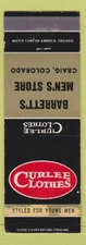 Matchbook Cover - Curlee Men's Clothes Barrett's Store Craig Colorado