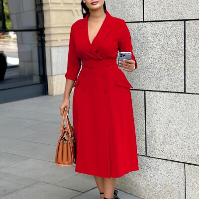 Women's Midi Dresses Lapel 3/4 Sleeve Solid Casual Slim Work Office Blazer  Dress | eBay
