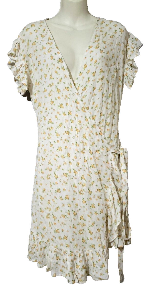BILLABONG Ivory Floral Wrap & Roll Dress Size M Ruffled Cap Sleeve Short NWT