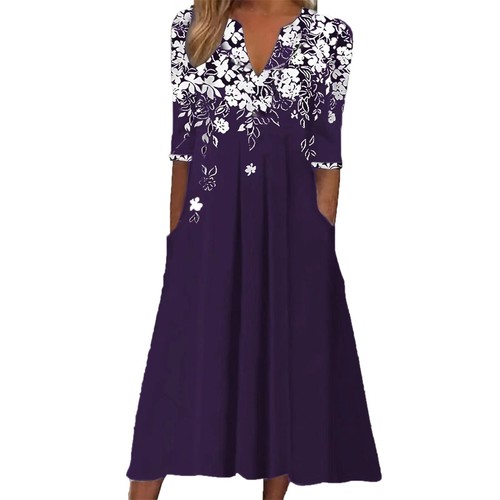 Womens Short Sleeve Pleated Midi Dress Ladies Casual Baggy Print Swing Dresses - Picture 32 of 36