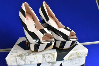 NEW Kat Von D KvD Los Angeles - White 5.5'' High Heels Shoes Nerola Thick Stripes