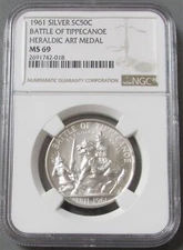 1961 SILVER TIPPECANOE BATTLE SESQUICENTENNIAL HERALDIC MEDAL NGC MINT STATE 69