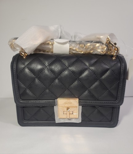 ALDO Crossbody Quilted Bag Purse Black Gold Plated Strap - Picture 8 of 13