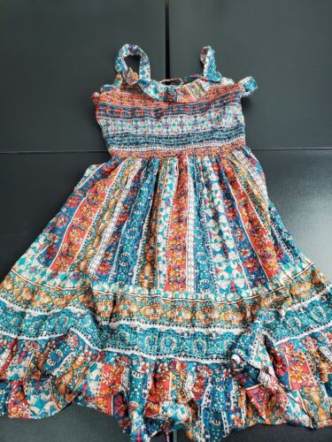 Angie Womens Size Small Border Print Multi Tier Multi Color Lace Up Back Dress