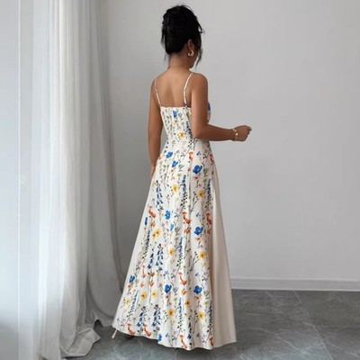 romantic floral maxi dress Women's New Elegant Romantic Floral Print Long Sleeve Loose Dress, Botanical Leaf Pattern All-Over Print Bohemian Zipper Closure Vacation Dress