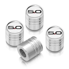 Ford Mustang 5.0 In White On Silver Aluminum Cylinder-style Tire Valve Stem Caps