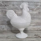 Vintage Milk Glass Rooster Covered Dish 9" Unmarked