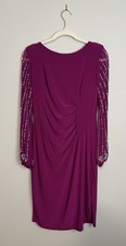 Marina Sz 6 Magenta Beaded Sleeve Ruched Cocktail Wedding Guest Sheath Dress EUC