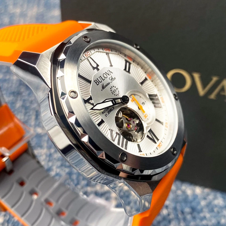 Bulova Marine Star Automatic White Dial Orange Rubber Strap Men's Watch 98A226 - Image 3 of 4