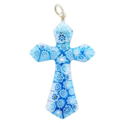 GlassOfVenice Murano Glass Tender Blue Millefiori Elegant Cross Pendant
