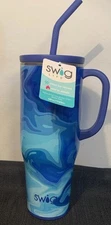 Swig Life Blue Lagoon Insulated Tumbler Silicone Straw & Handle New Mega Mug