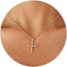 Cross Necklace for Women, Dainty 14K Gold Plated Cross Pendant Small Cross Choke