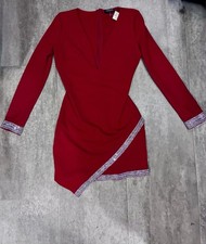 Stunning Red Asymmetric Hem Long Sleeve Deep V-Neck Rhinestone M Holiday Dress