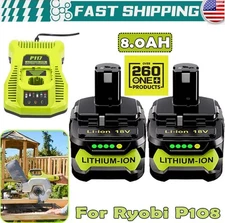 2PACK 8Ah For RYOBI 18V Battery/Charger One+ Plus High Capacity P108 Lithium-Ion