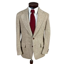 Vtg Paul Stuart Southwick Tweed Herringbone Blazer Leather Button 40R Sport Coat
