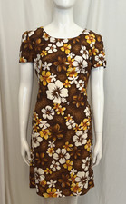 Vintage Handmade Hibiscus Hawaiian Dress XS Brown Floral Double Darts in Front