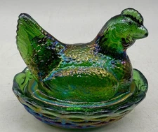 3" Covered Hen - Emerald Green Carnival - Mosser Glass, USA