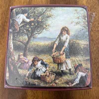 Vintage Cork Back Coasters Girls & Apple Tree Set of 4 Coasters. 