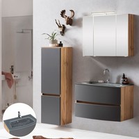 Badezimmer Waschtisch Set Wotaneiche Matt Grau Led-Spiegelschrank Midischrank