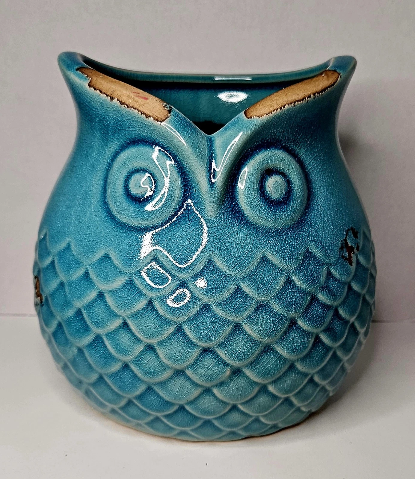 Lerman Decor Turquoise Ceramic Owl Vase Crackle Glaze Coastal Boho Home Decor